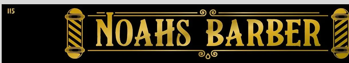 Noah's Barber gold-on-black fascia sign artwork with twin barber poles